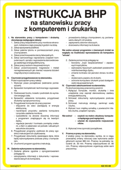 Instrukcja BHP na stanowisku pracy z komputerem i drukarką 422 XO - 08