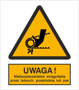 Obrazek dla kategorii Znak Uwaga! Niebezpieczeństwo wciągnięcia przez łańcuch, przekładnię lub pas (342)