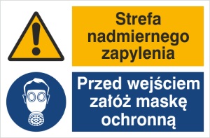 Obrazek dla kategorii Znak Strefa nadmiernego zapylenia. Przed wejściem załóż maskę ochronną (520-07)