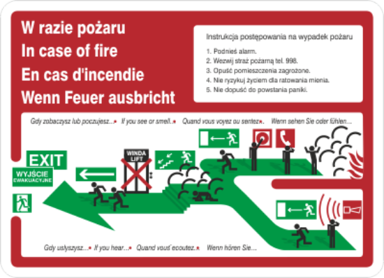 Instrukcja piktograficzna schodami w dół w lewo